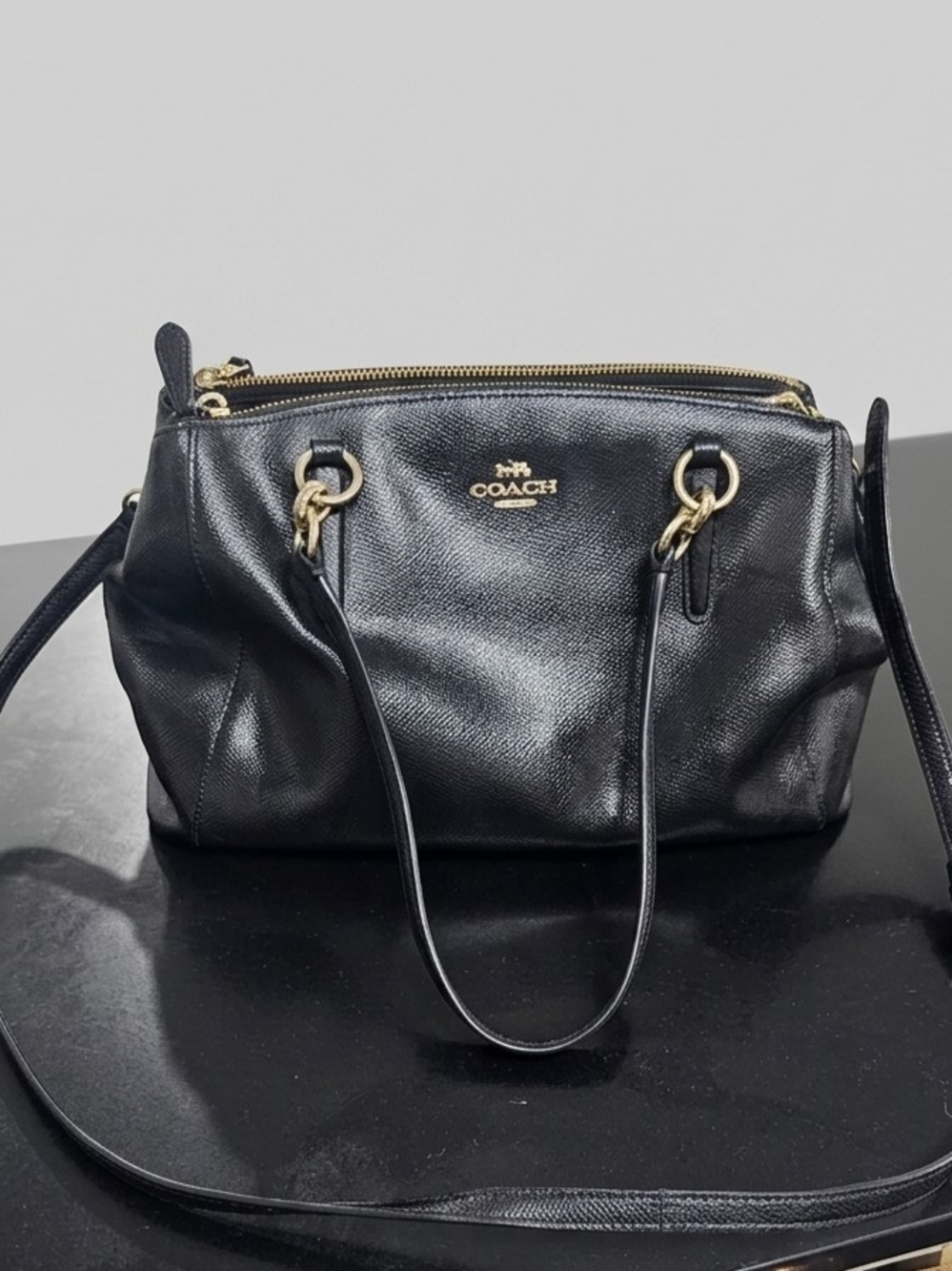 Coach Black Pebbled Leather Double-Zip Satchel / Crossbody Bag